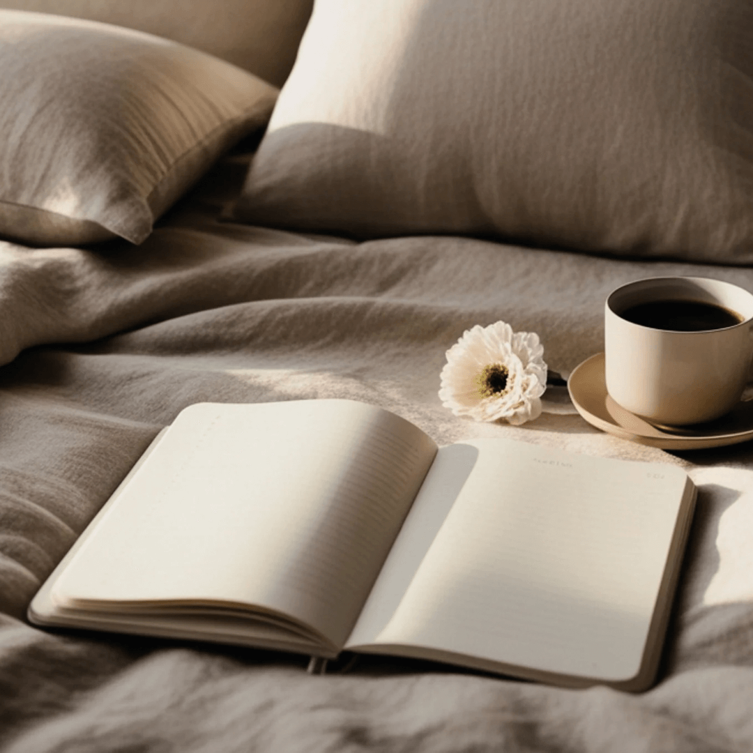 Open boek en notitieboek op bed in een rustige, huiselijke setting.