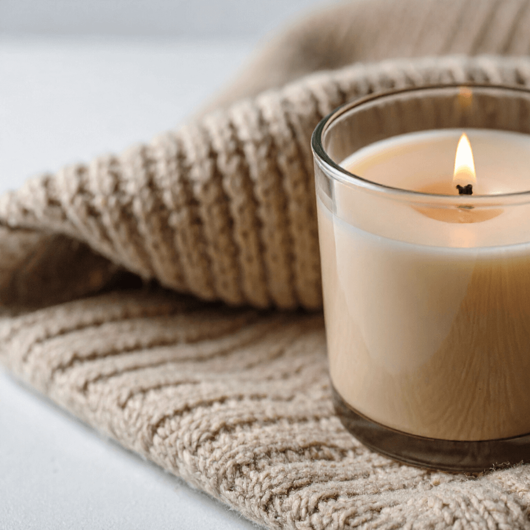 Beige kaars op een bruine deken als symbool voor herdenken en eren bij verlies.